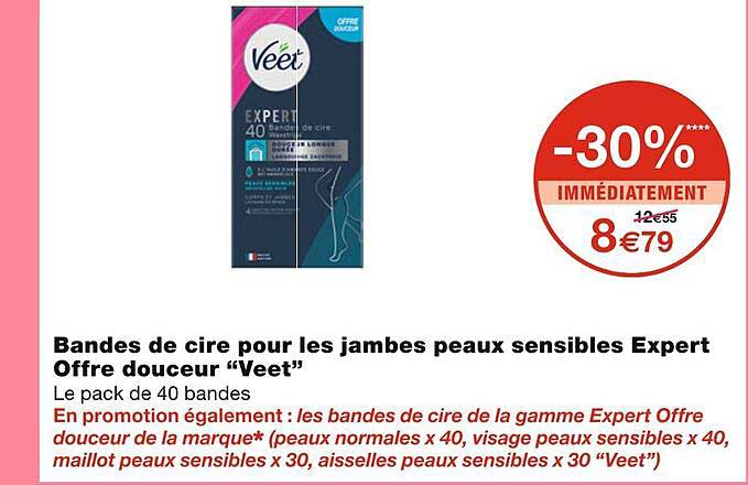 bandes de cire pour les jambes peaux sensibles expert offre douceur "veet"