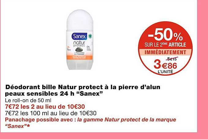 déodorant bille natur protect à la pierre d'alun peau sensibles 24 h "sanex"