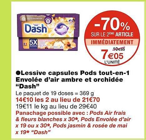 lessive capsules pods tout-en-1 envolée d'air ambre et orchidée "dash"