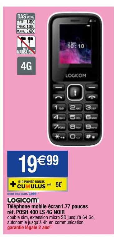 logicom téléphone mobile écran 1.77 pouces