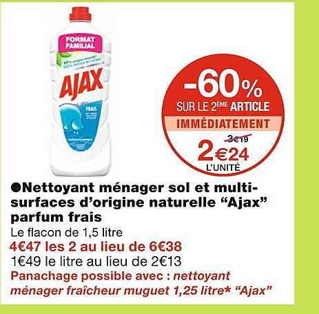 nettoyant ménager sol et multi-surfaces d'origine naturelle "ajax" parfum frais