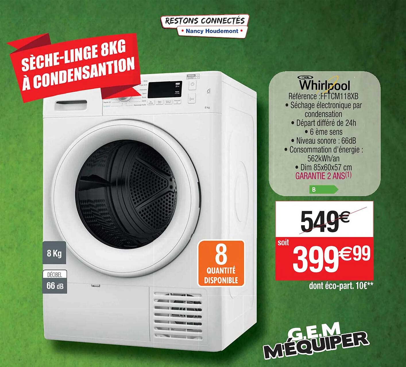 sèche-linge 8 kg à condensations whirlpool