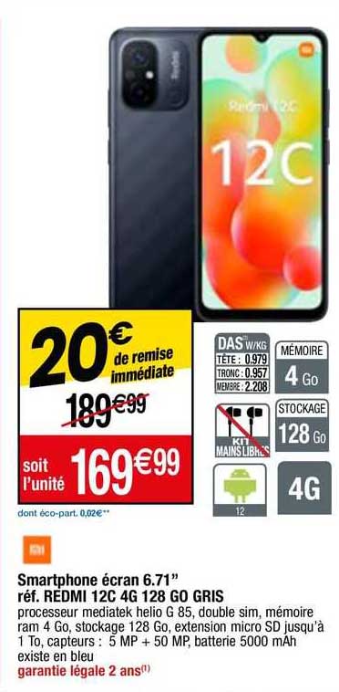 smartphone écran 6.71" redmi 12c 44g 128 go gris