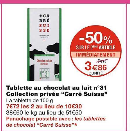 tablette au chocolat au lait n°31 collection privée "carré suisse"