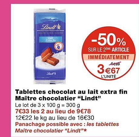 tablettes chocolat au lait extra fin maître chocolatier "lindt"
