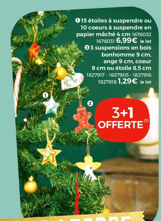 15 étoiles à suspendre ou 10 coeurs à suspendre en papier mâché 4 cm, 3 suspensions en bois bonhomme 9 cm, ange 9 cm, coeur 9 cm ou étoile 8,5 cm