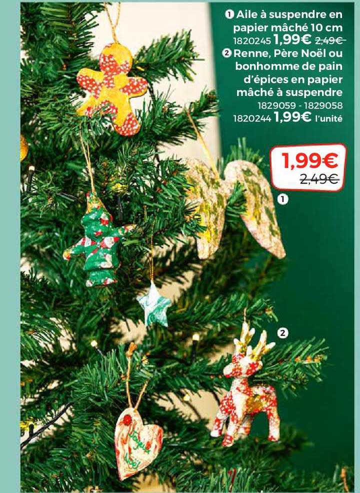 aile à suspendre en papier mâché 10 cm, renne, père noël ou bonhomme de pain d'épices en papier mâché à suspendre