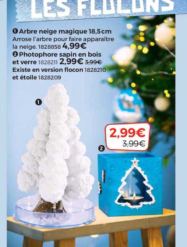arbre neige magique 18,5 cm, photophore sapin en bois, existe en version flocon et étoile