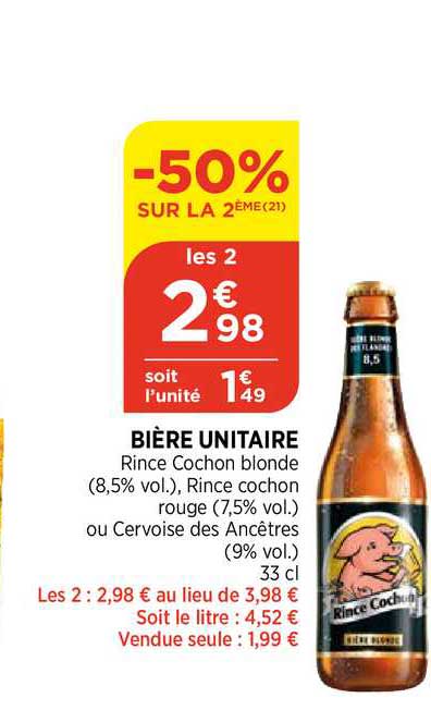 bière unitaire -50% sur le 2ème