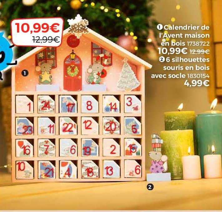 calendrier de l'avent maison en bois, silhouettes souris en bois avec socle