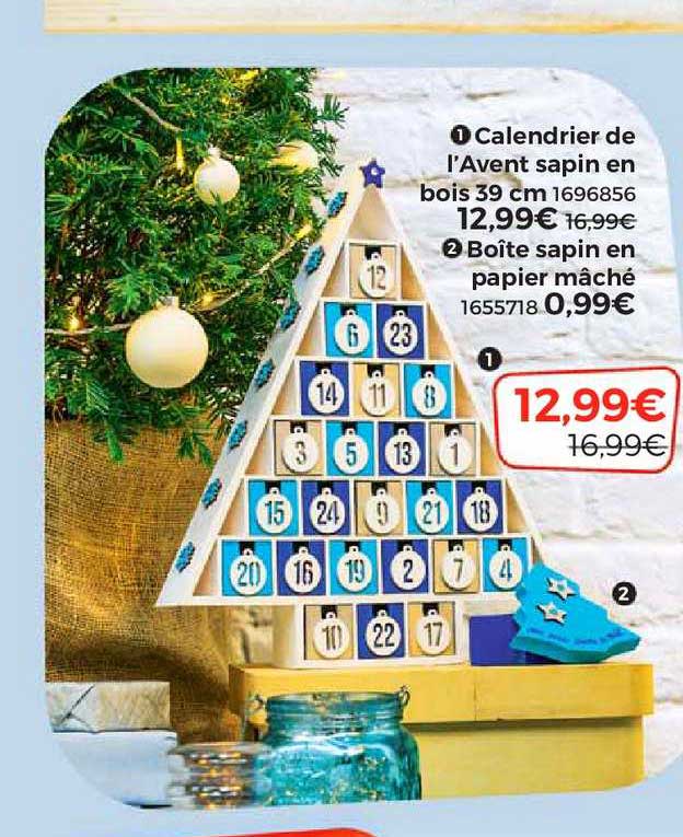 calendrier de l'avent sapin en bois 39 cm, boîte sapin en papier mâché