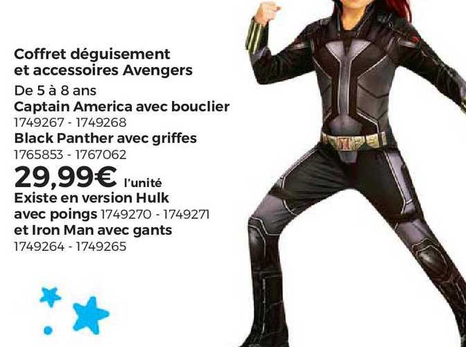 coffret déguisement et accessoires avengers , captain america avec bouclier, black panther avec griffes