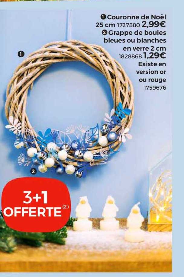couronne de noël 25 cm, grappe de boules bleues ou blanches en verre 2 cm, existe en version or ou rouge