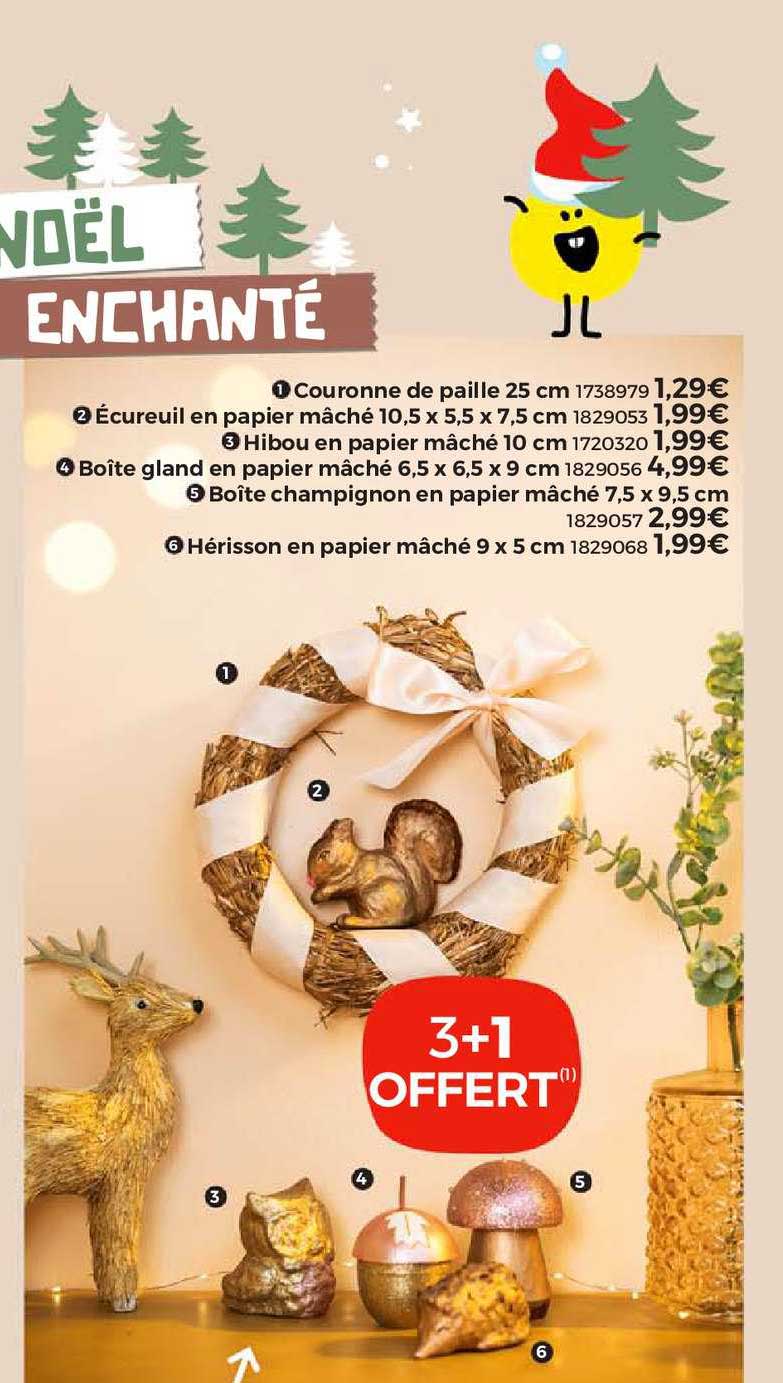 couronne de paille 25 cm, écureuil en papier mâché 10,5 x 5,5 x 7,5 cm, hibou en papier mâché 10 cm, boîte gland en papier mâché 6,5 x 6,5 x 9 cm, boîte champignon en papier mâché, hérisson en papier mâché 9 x 5 cm