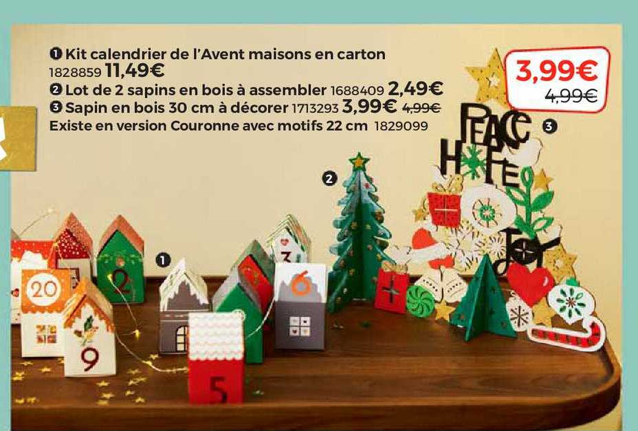 kit calendrier de l'avent maisons en carton, lot de sapins en bois à assembler, sapin en bois 30 cm à  décorer existe en version couronne avec motifs