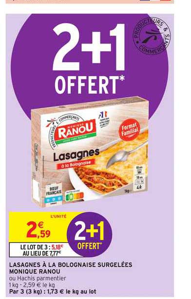 lasagnes à la bolognaise surgelées monique ranou 2+1 offert