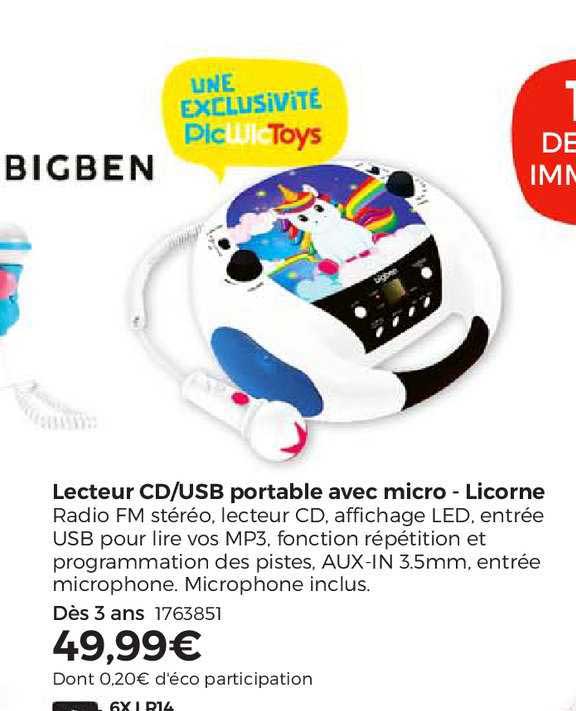 lecteur cd-usb portable avec micro - licorne