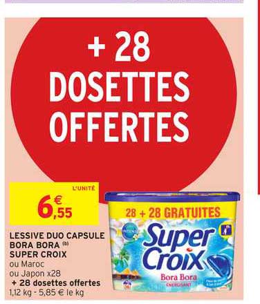 lessive duo capsule bora bora super croix +28 dosettes offertes