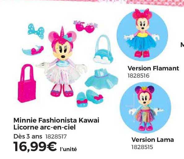 minnie fashionista kawai licorne arc-en-ciel, version flamant, version lama
