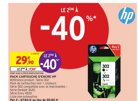 pack cartouche d'encre hp le 2ème à -40%