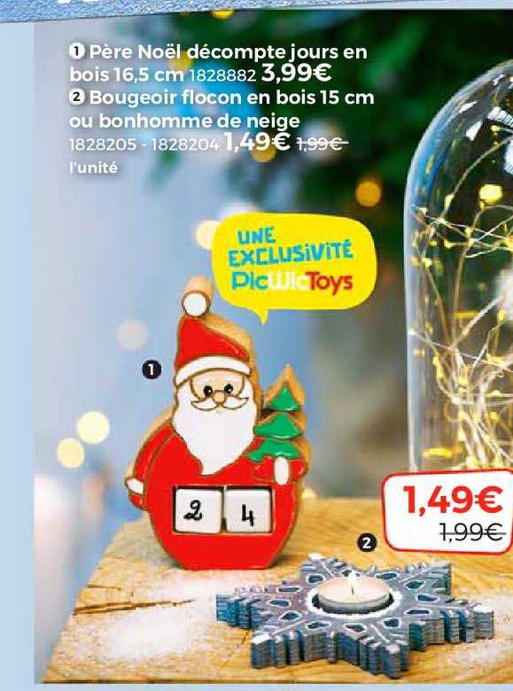 père noël décompte jours en bois 16,5 cm, bougeoir flocon en bois ou bonhomme de neige