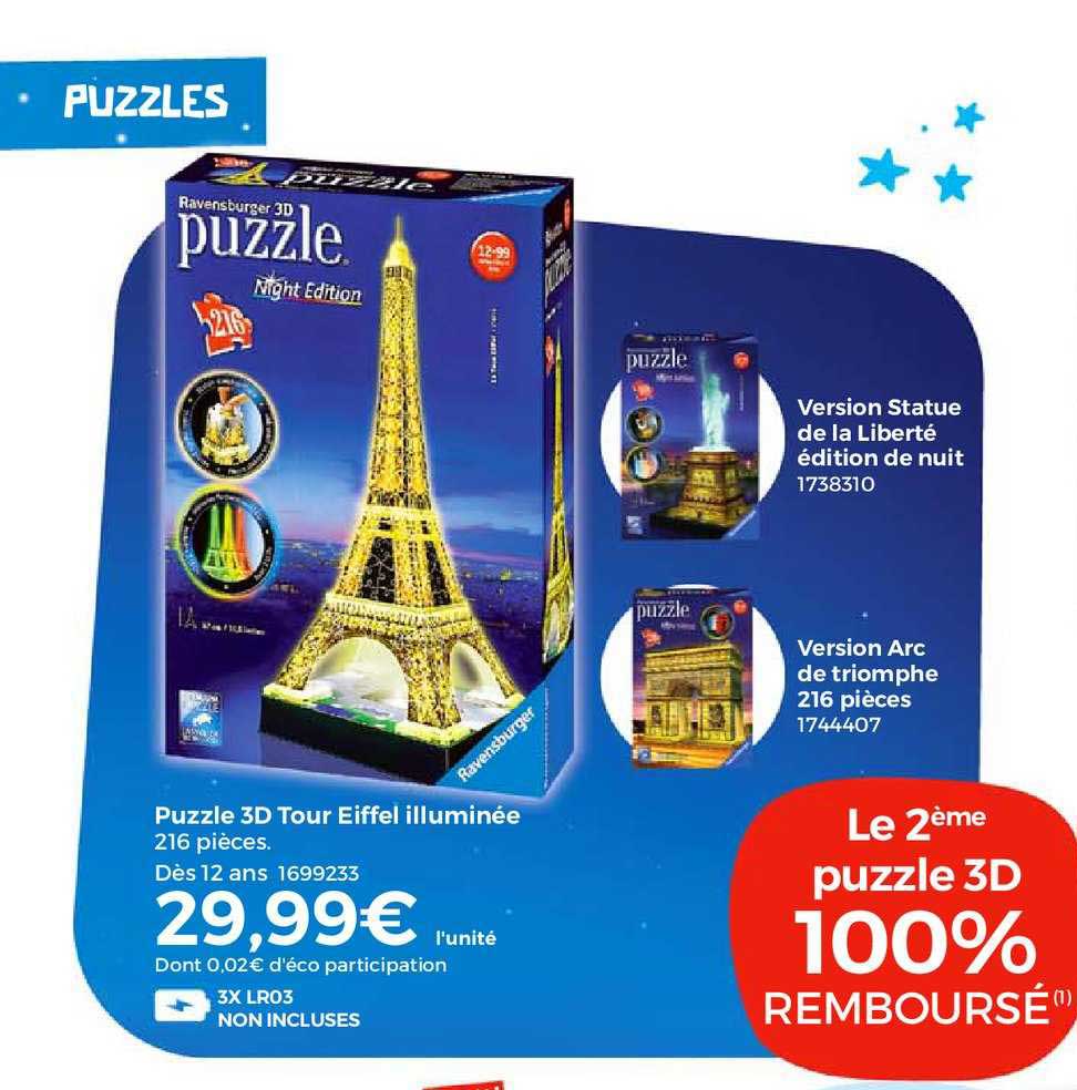 puzzle 3d tour eiffel illuminée, version statue de la liberté édition de nuit, version arc de triomphe 216 pièces