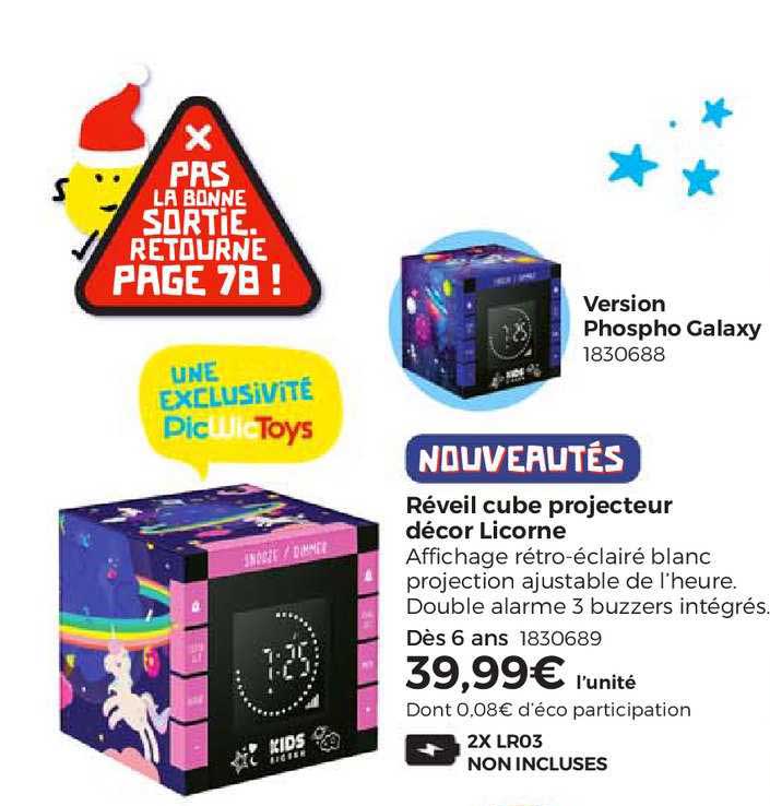 Réveil Cube Projecteur Décor Licorne, Version Phospho Galaxy