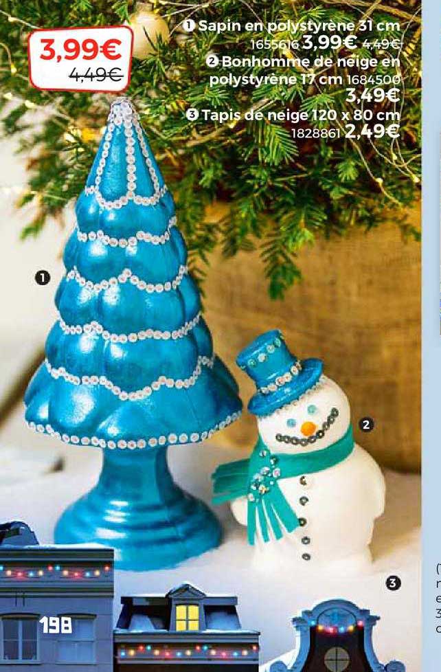 sapin en polystyrène 31 cm, bonhomme de neige en polystyrène 17 cm, tapis de neige 120 x 80 cm