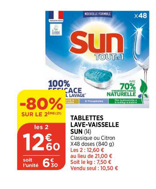 tablettes lave vaisselle sun -80% sur le 2ème