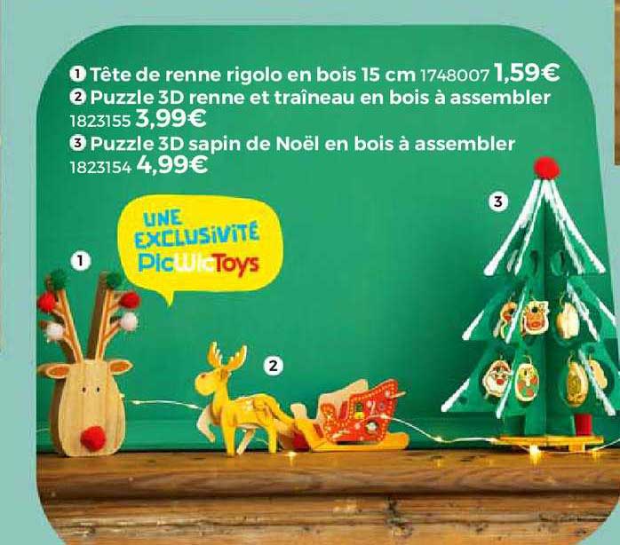 tête de renne rigolo en bois 15 cm, puzzle 3d renne et traîneau en bois à assembler, puzzle 3d sapin de noël en bois à assembler