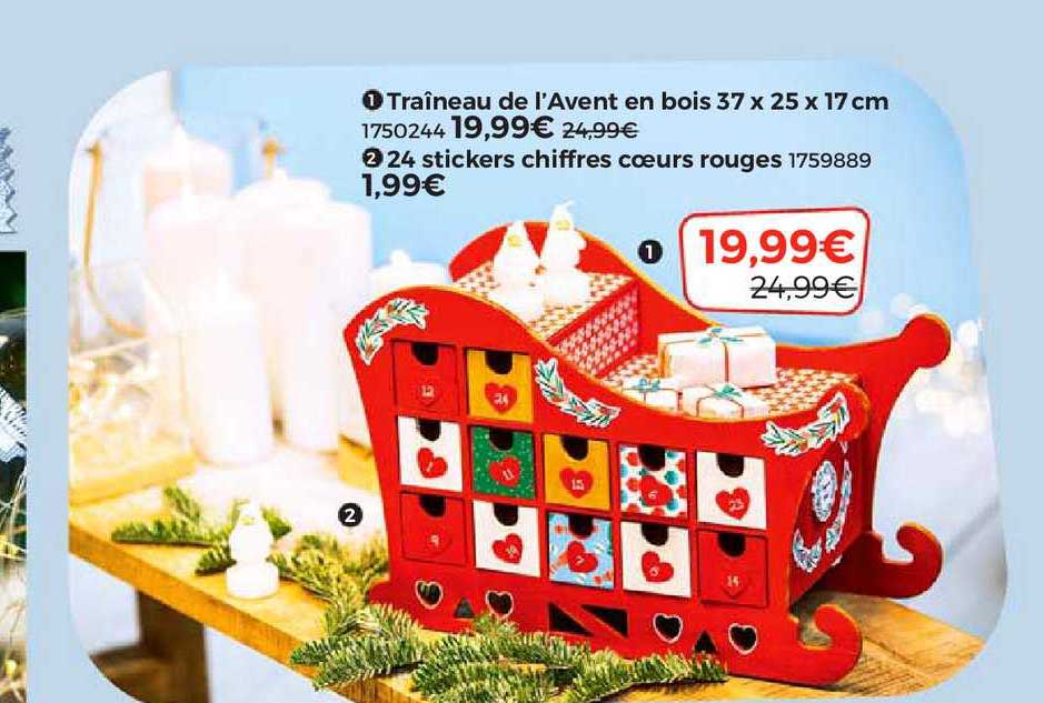 traîneau de l'avent en bois 37 x 25 x 17 cm, 24 stickers chiffres coeurs rouges