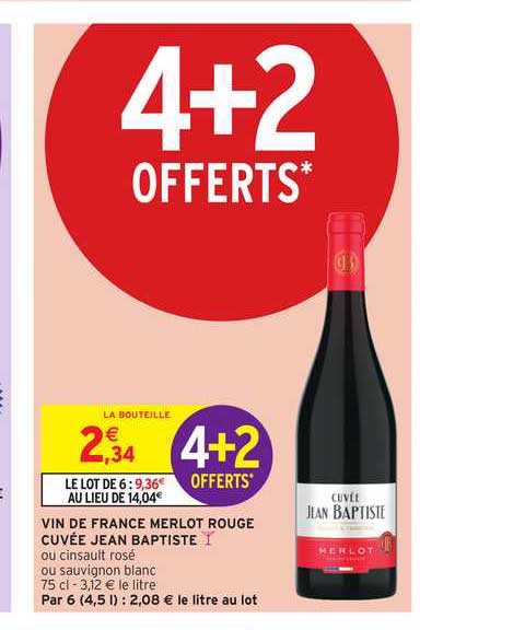 Vin De France Merlot Rouge Cuvée Jean Baptiste 4+2 Offerts