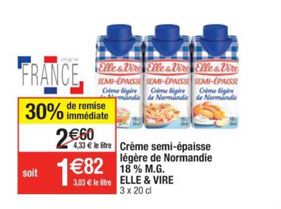 crème semi-épaisse légère de normandie 18% m.g. elle & vire