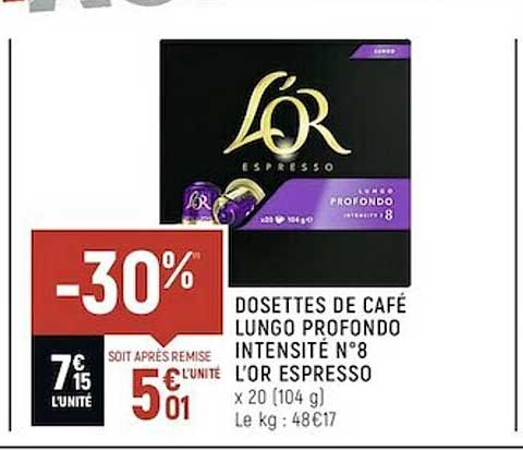 dosettes de café lungo profondo intensité n°8 l'or espresso