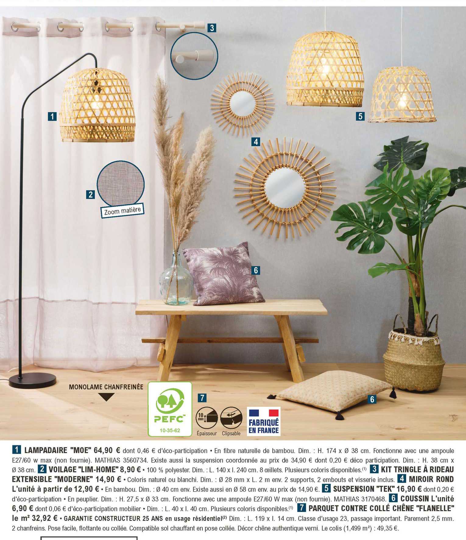 lampadaire "moe", voilage-home, kit tringle à rideau, extensible "moderne", miroir rond, suspension "tek", soussin, parquet contre collé chêne "flanelle"