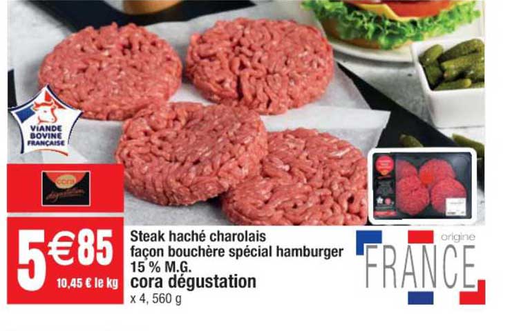 steak haché charolais façon bouchère spécial hamburger 15% m.g. cora dégustation