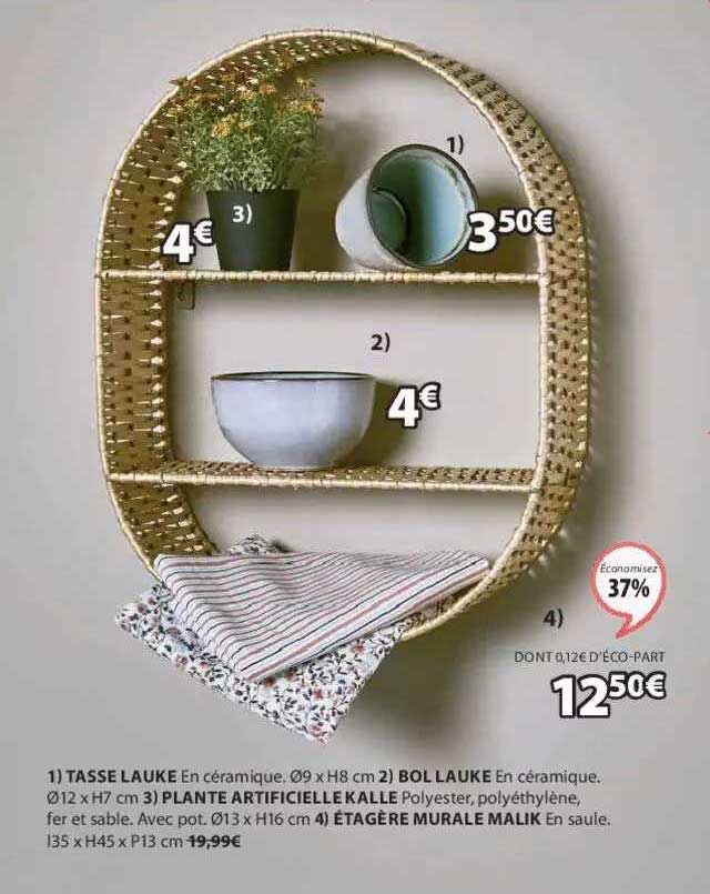 tasse lauke, bol lauke, plante artificielle kalle, étagère murale malik