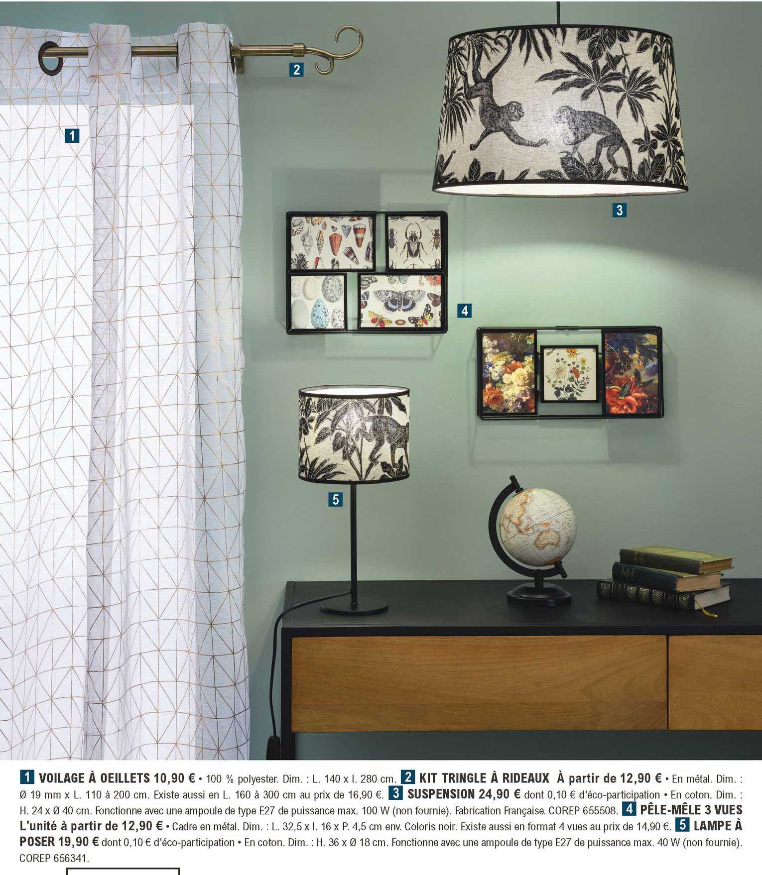 voilage à œillets, kit tringle à rideaux, suspension, pêle-mêle 3 vues, lampe à poser