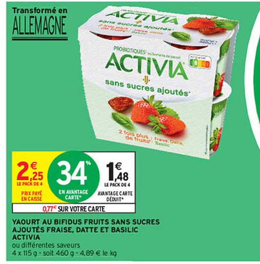 Yaourt Au Bifidus Fruits Sans Sucres Ajoutés Fraise, Datte Et Basilic Activia