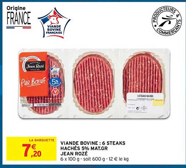 viande bovine : 6 steaks hachés 5% mat.gr. jean rozé