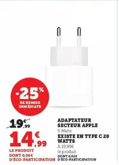 adapteur secteur apple existe en type c 20 watts -25% de remise immédiate
