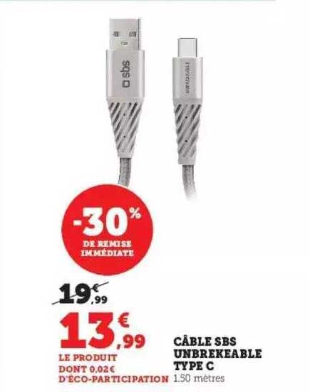câble sbs unbrekeable type c -30% de remise immédiate