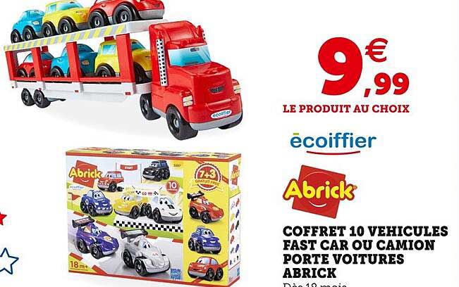 coffret 10 véhicules fast car ou camion porte voitures abrick écoiffier