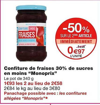 confiture de fraises 30% de sucres en moins monoprix