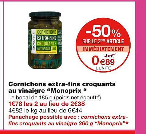 cornichons extra-fins croquants au vinaigre "monoprix"