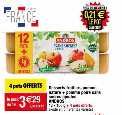 Desserts Fruitiers Pomme Nature + Pomme Poire Sans Sucres Ajoutés Andros