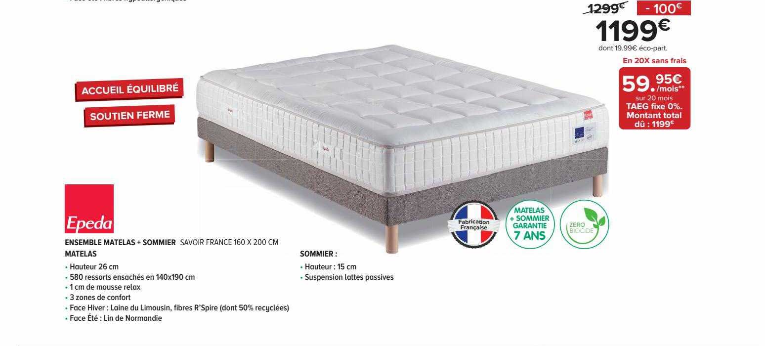 ensemble matelas + sommier savoir france 160 x 200 cm epeda