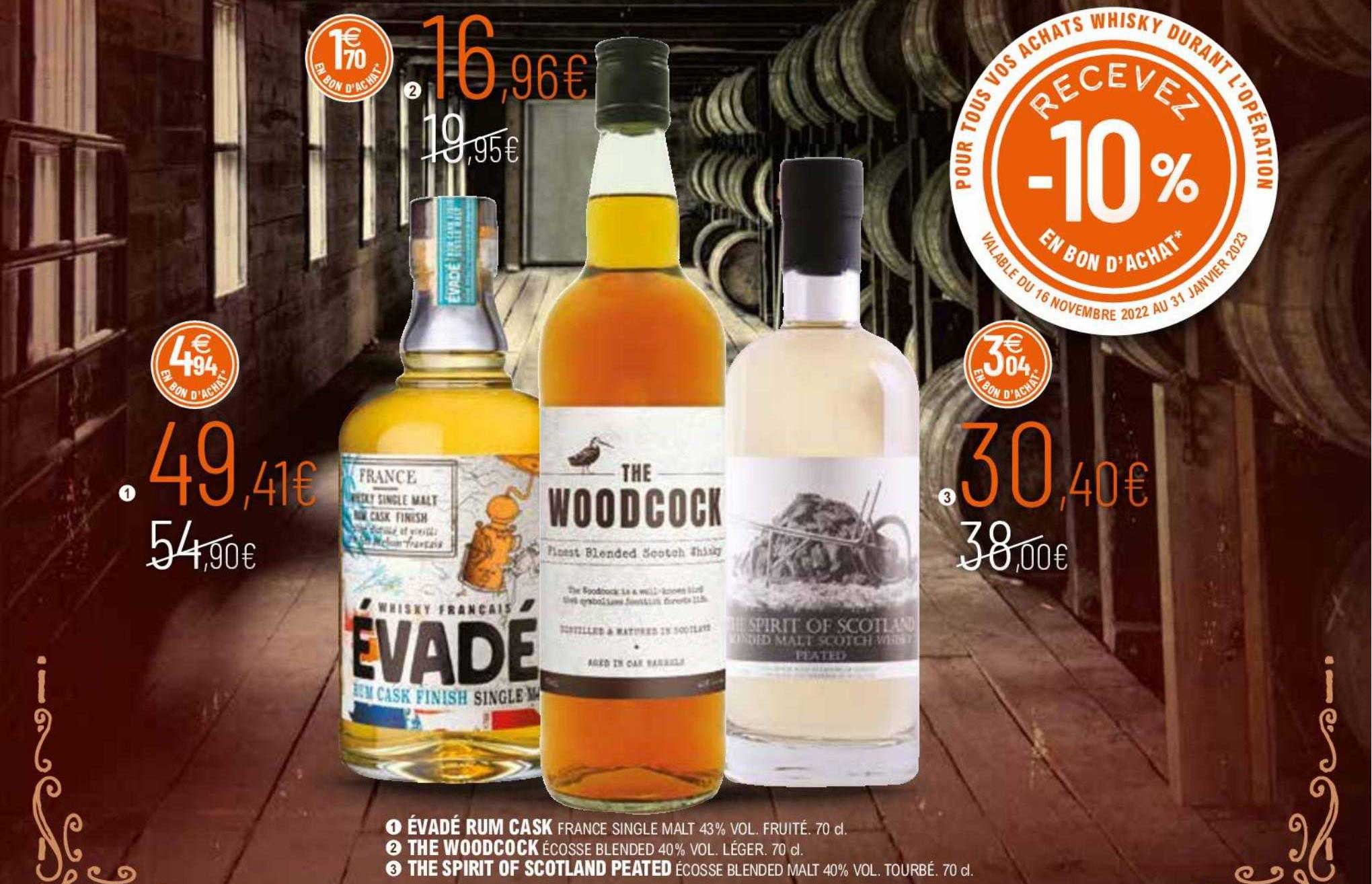 évadé rum cask france single malt 43% vol., the woodcock écosse blended 40% vol., the spirit of scotland peated écosse blended malt 40% vol