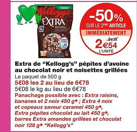 extra de kellogg's pépites d'avoine au chocolat noir et noisettes grillées