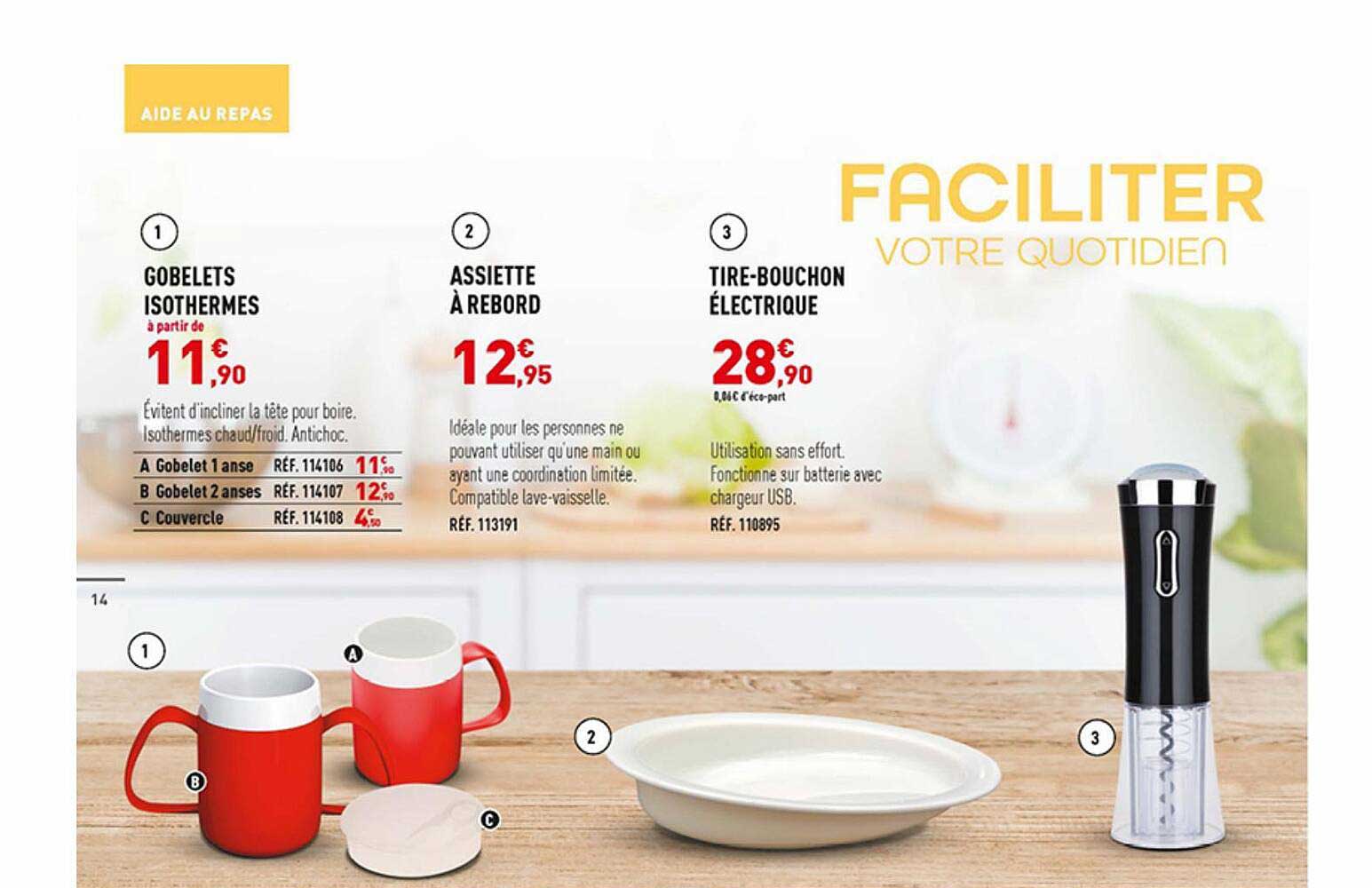 gobelets isothermes, assiette à rebord, tire-bouchon électrique